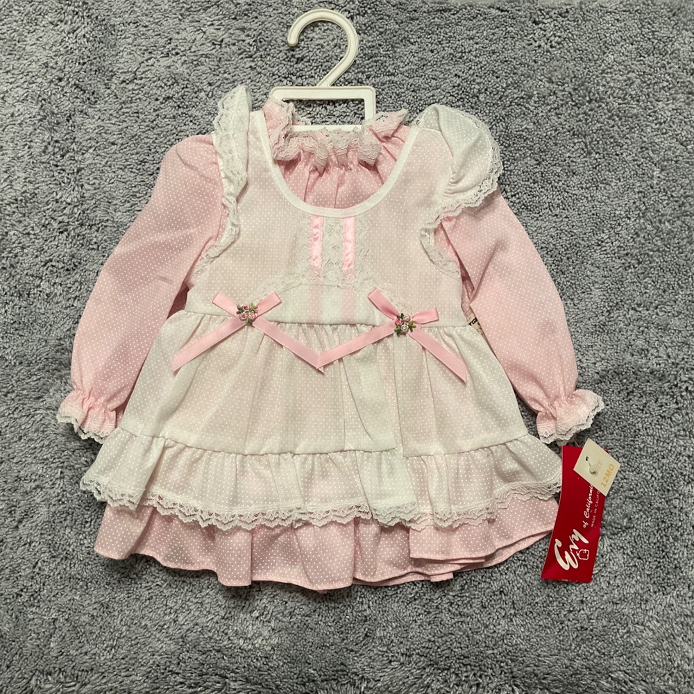 Vintage Evy of California Pink Polka Dot Dress Cottage Core Boho 12M NWT
